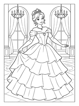 A graceful princess poses on this detailed ball gown dress coloring page.