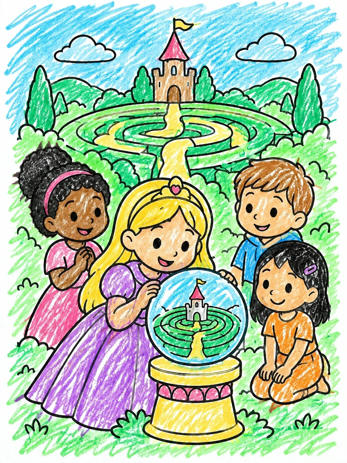 Colored example of the Princess Looking Into Magic Castle Globe coloring page