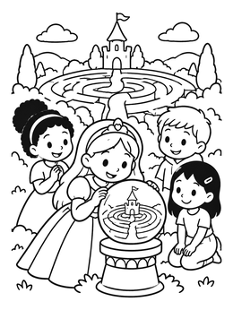 Free printable Princess Looking Into Magic Castle Globe coloring page