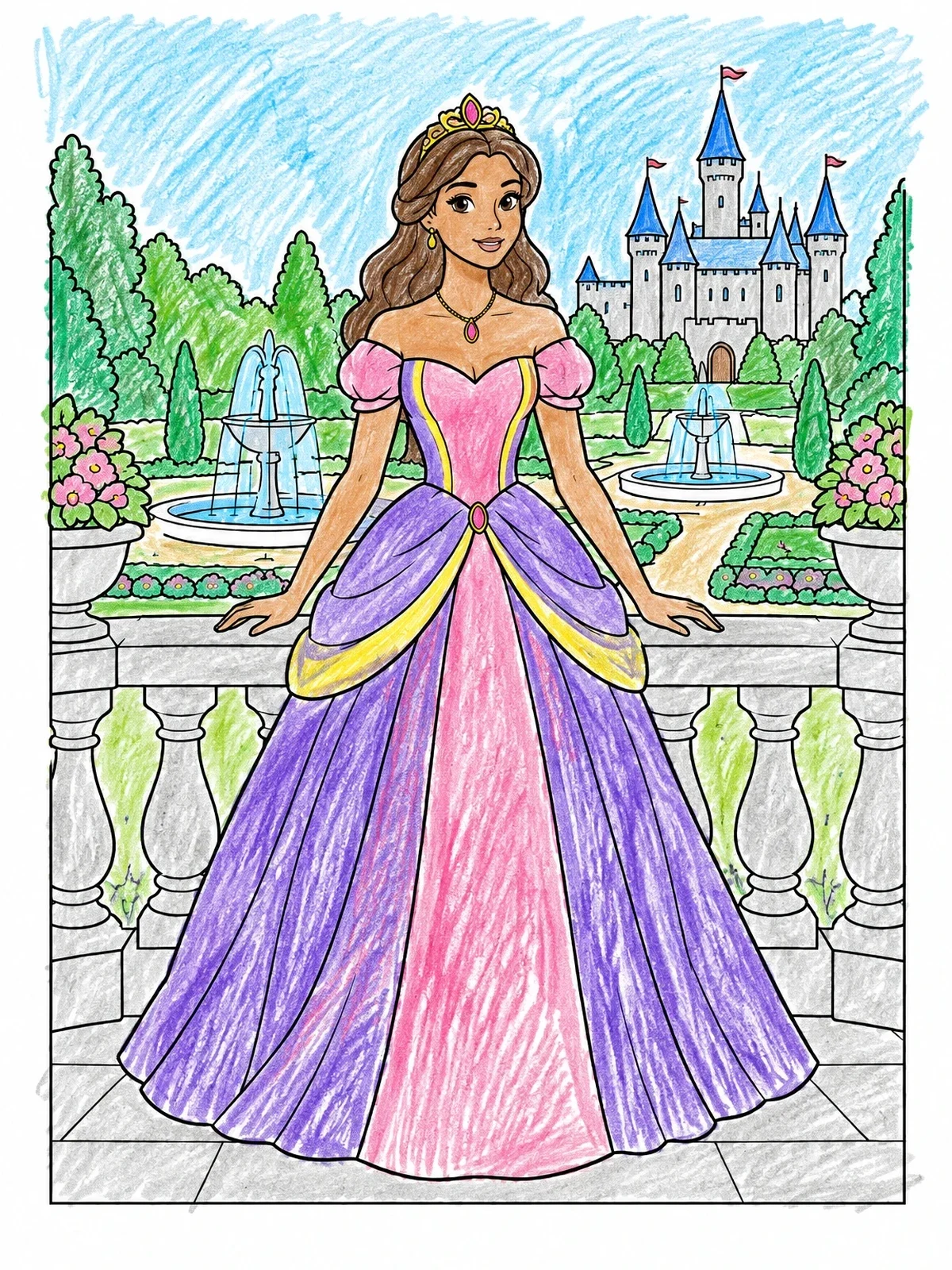Colored example of the Princess On The Castle Balcony coloring page