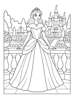 A fairytale princess in a gown overlooking gardens on this castle coloring page.