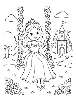 A cute princess coloring page featuring a girl on a flower swing in front of a castle.