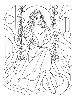 A smiling princess coloring page showing a royal lady on a leaf-covered garden swing.