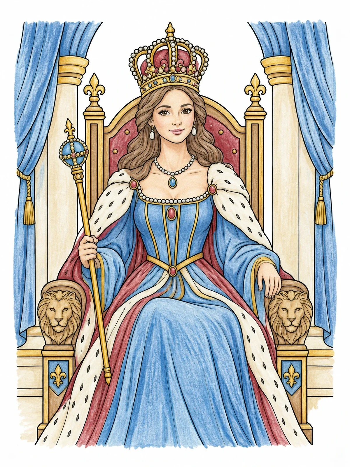 Colored example of the Princess On Royal Throne With Crown coloring page
