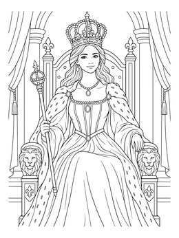 A queen on her throne in this princess crown coloring page holds an ornate golden scepter.