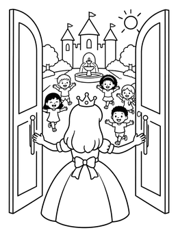 A cheerful princess coloring page with palace doors opening to happy children and a castle.