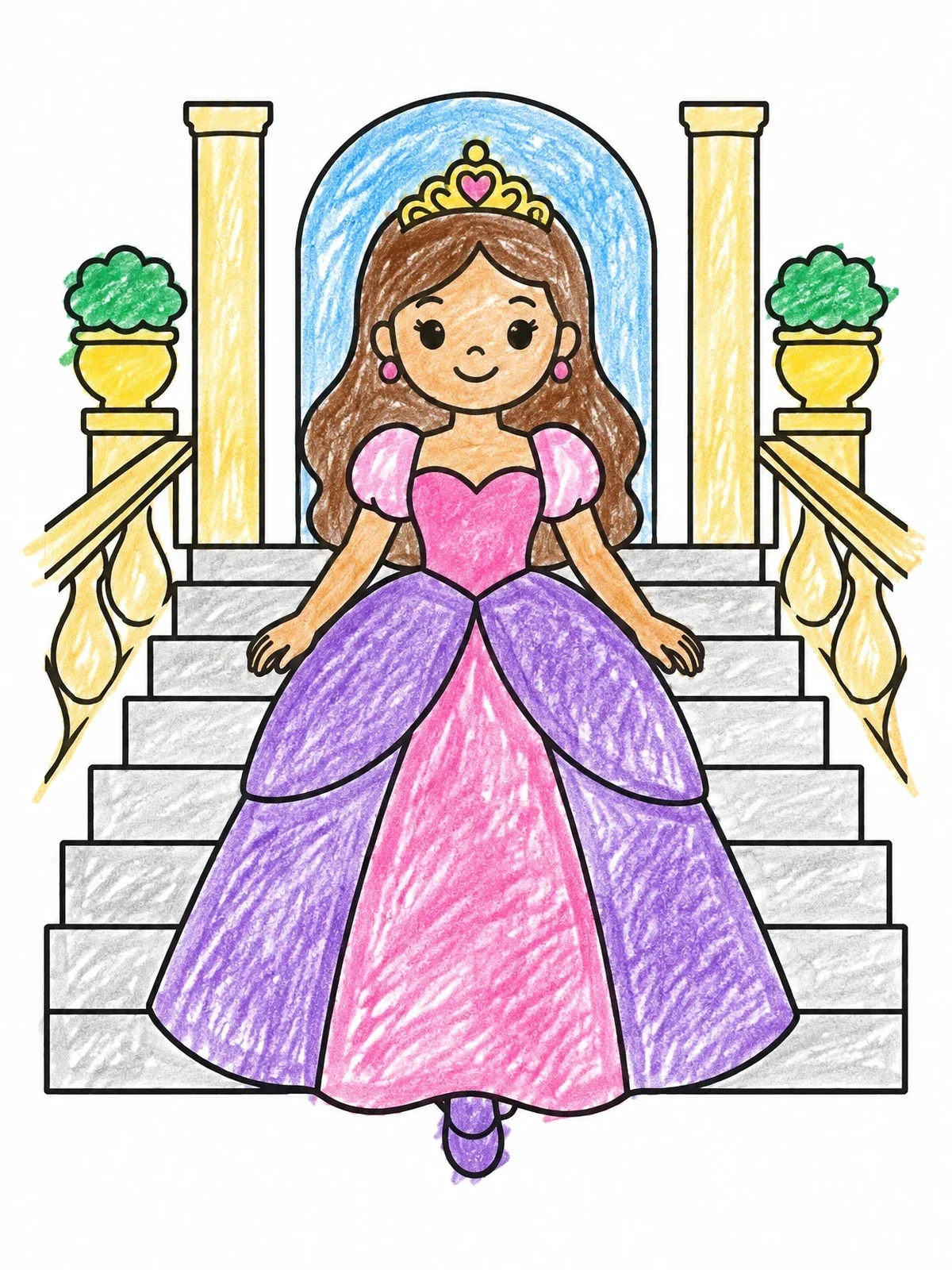 Colored example of the Princess Descending Palace Staircase coloring page