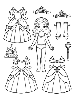 Free printable Princess Paper Doll With Royal Ballgowns coloring page