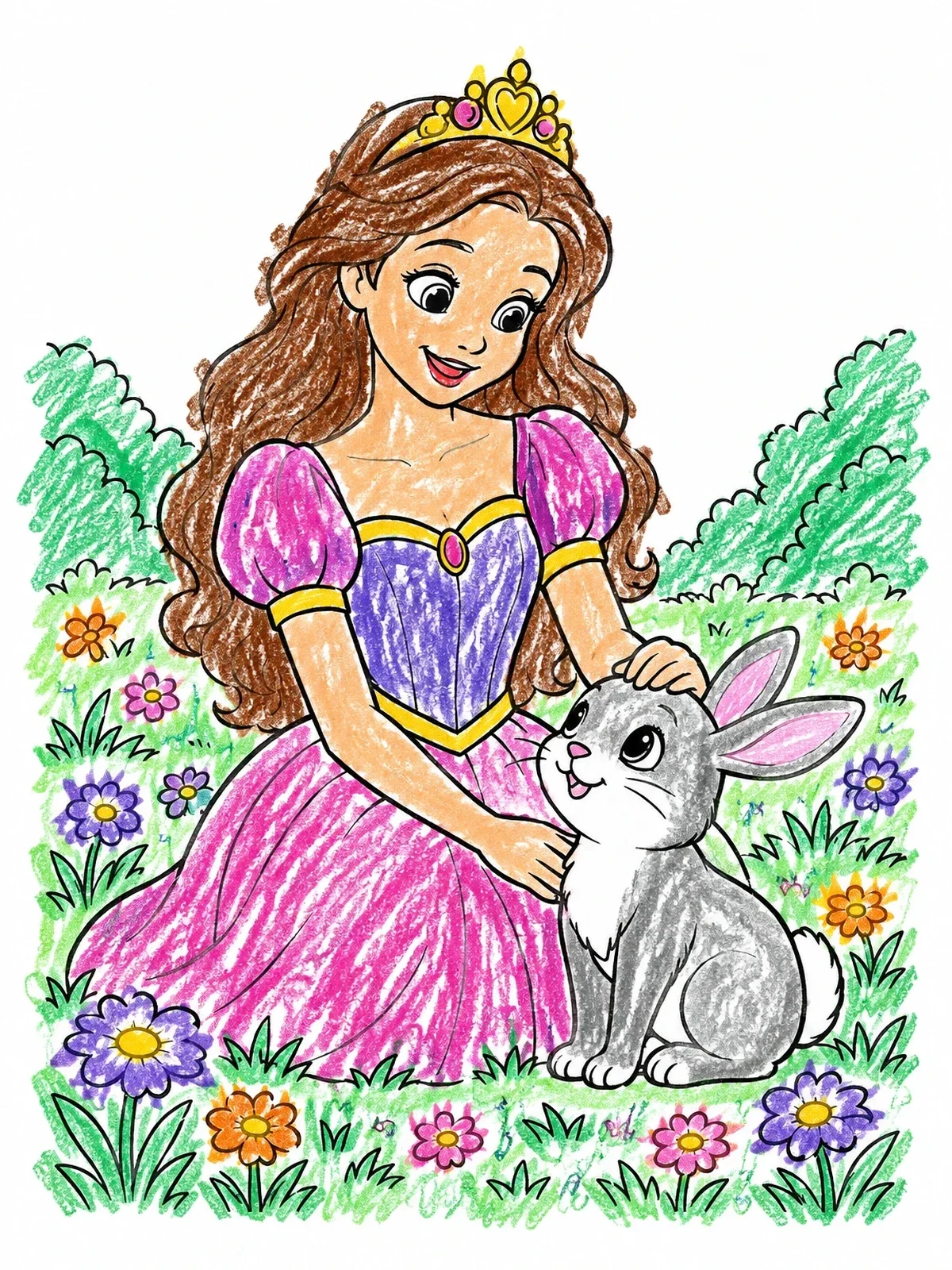 Colored example of the Princess Petting Bunny In Flower Meadow coloring page