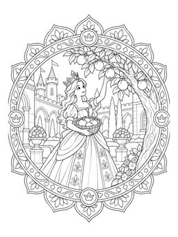A fairytale princess picking fruit highlights this peaches coloring page in a castle garden.