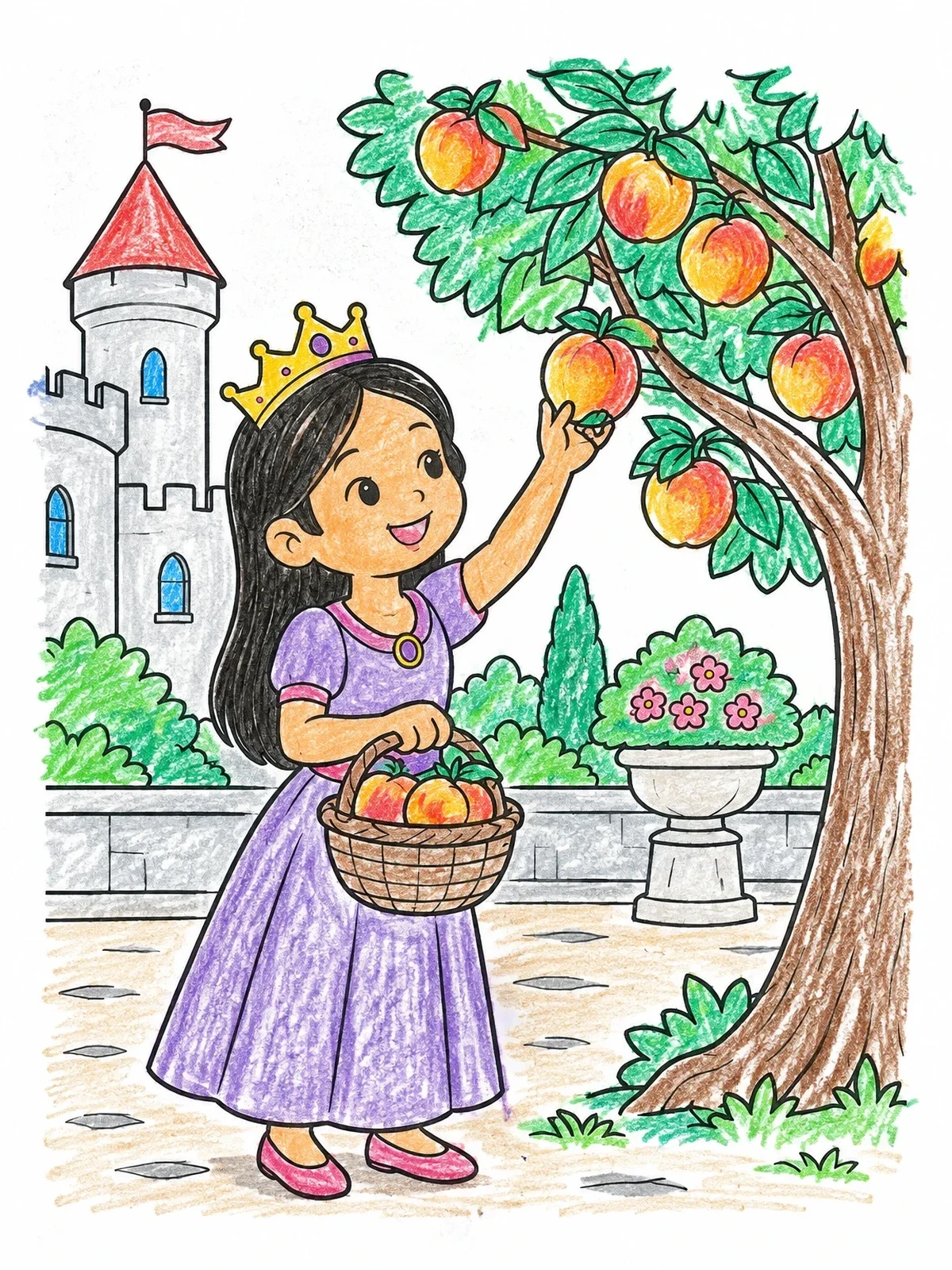 Colored example of the Princess Picking Peaches In Castle Garden coloring page