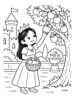 Free printable Princess Picking Peaches In Castle Garden coloring page