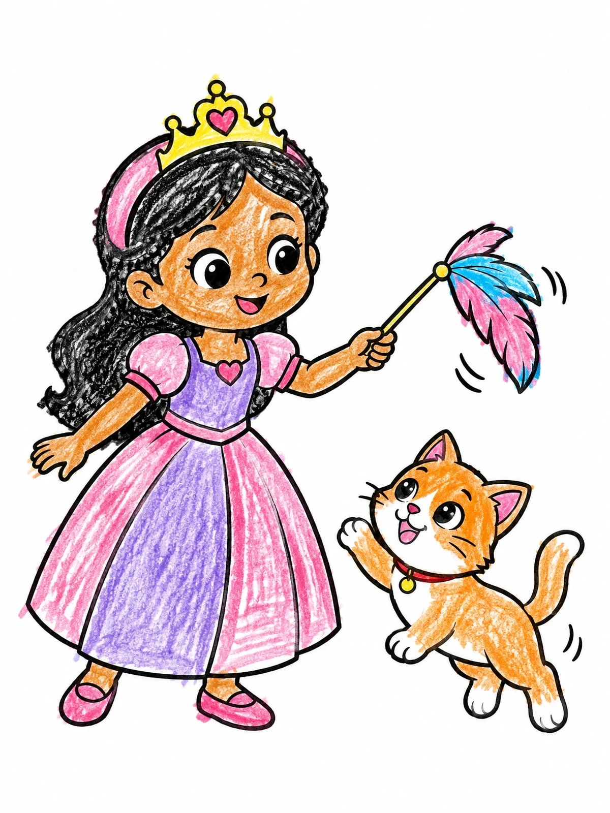 Colored example of the Princess Playing With A Kitten coloring page