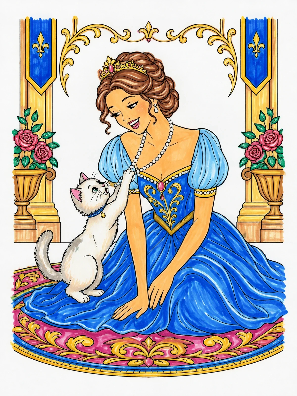 Colored example of the Princess Playing With Kitten coloring page