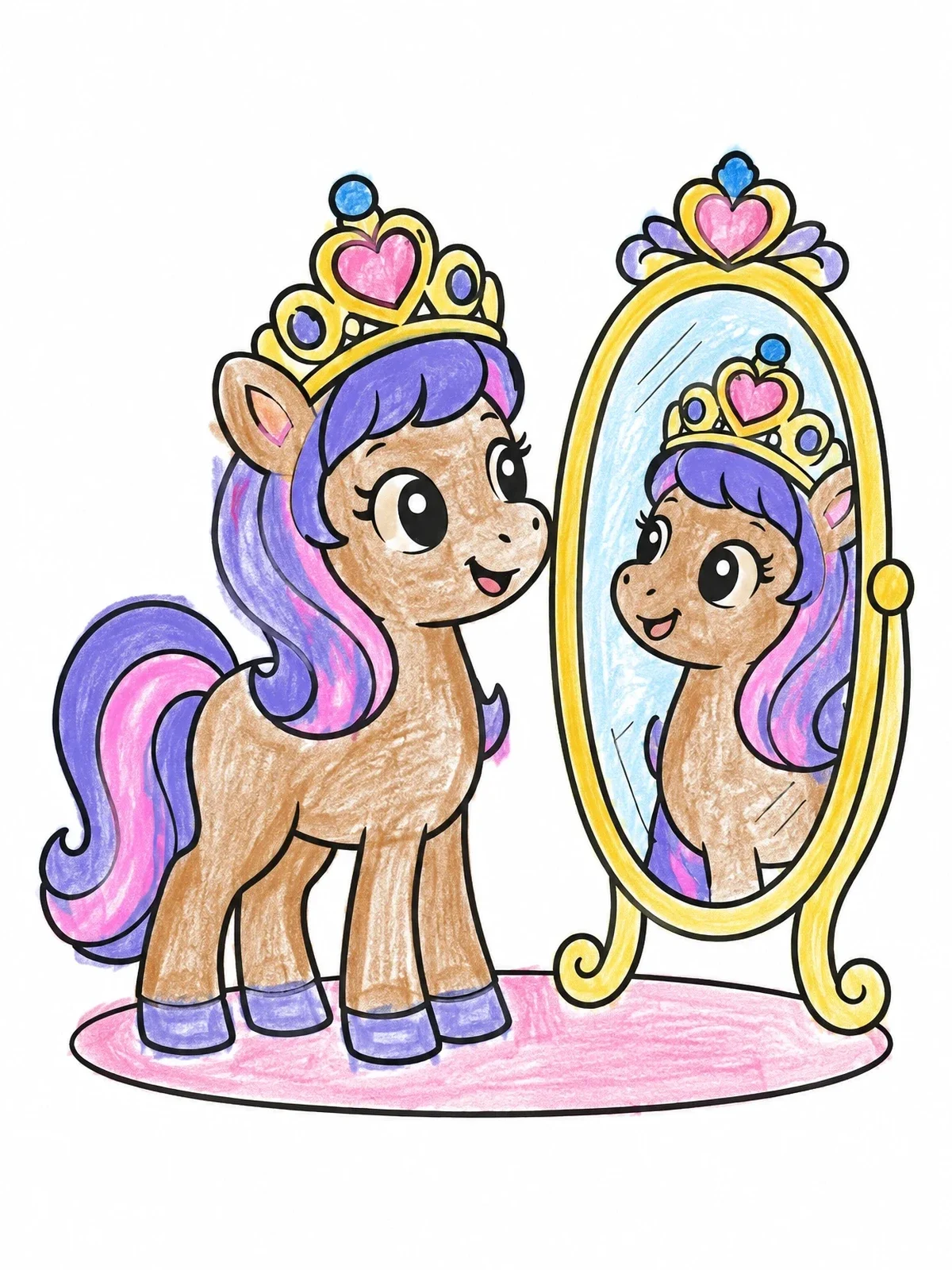 Colored example of the Princess Pony Admiring Mirror Reflection coloring page