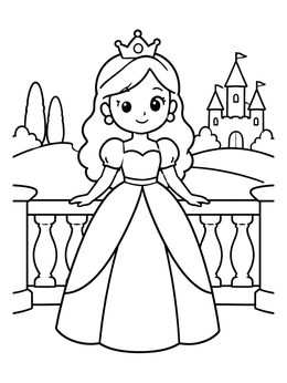 A cute princess coloring page featuring a girl on a balcony with a distant castle.