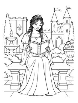 A peaceful princess coloring page showing a royal lady reading a book in a castle courtyard.