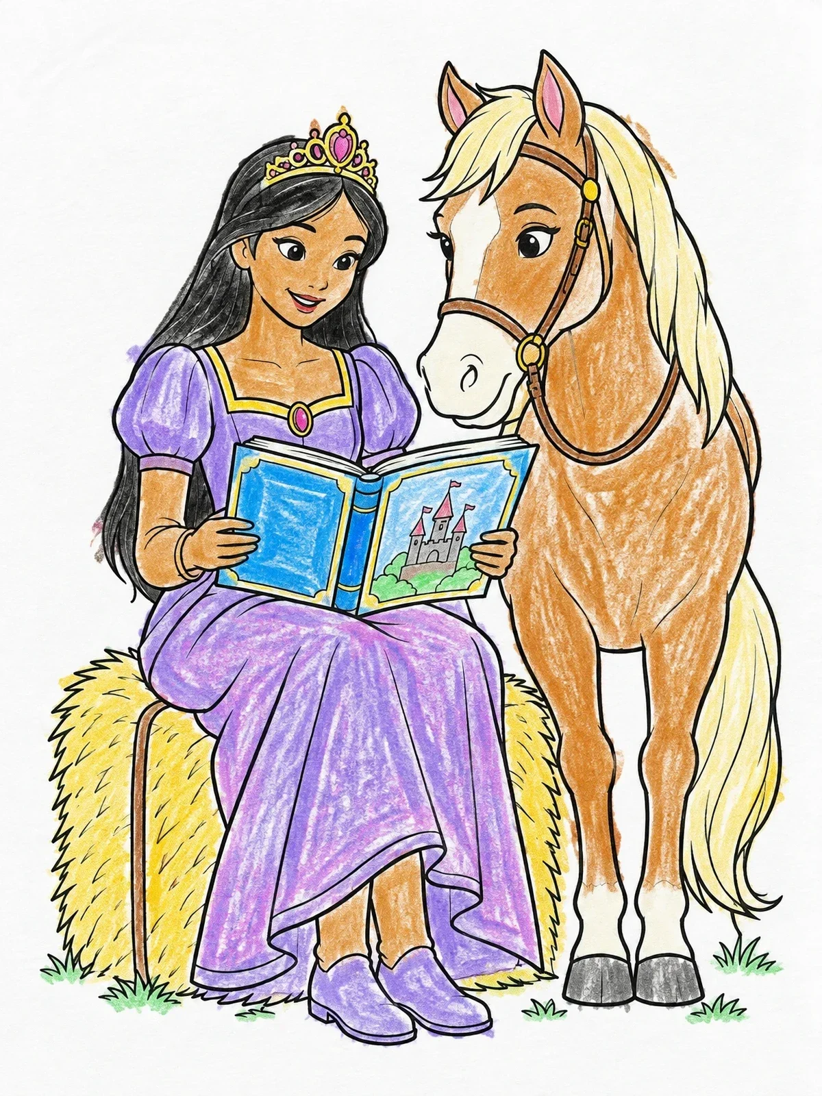 Colored example of the Princess Reading To Her Horse coloring page