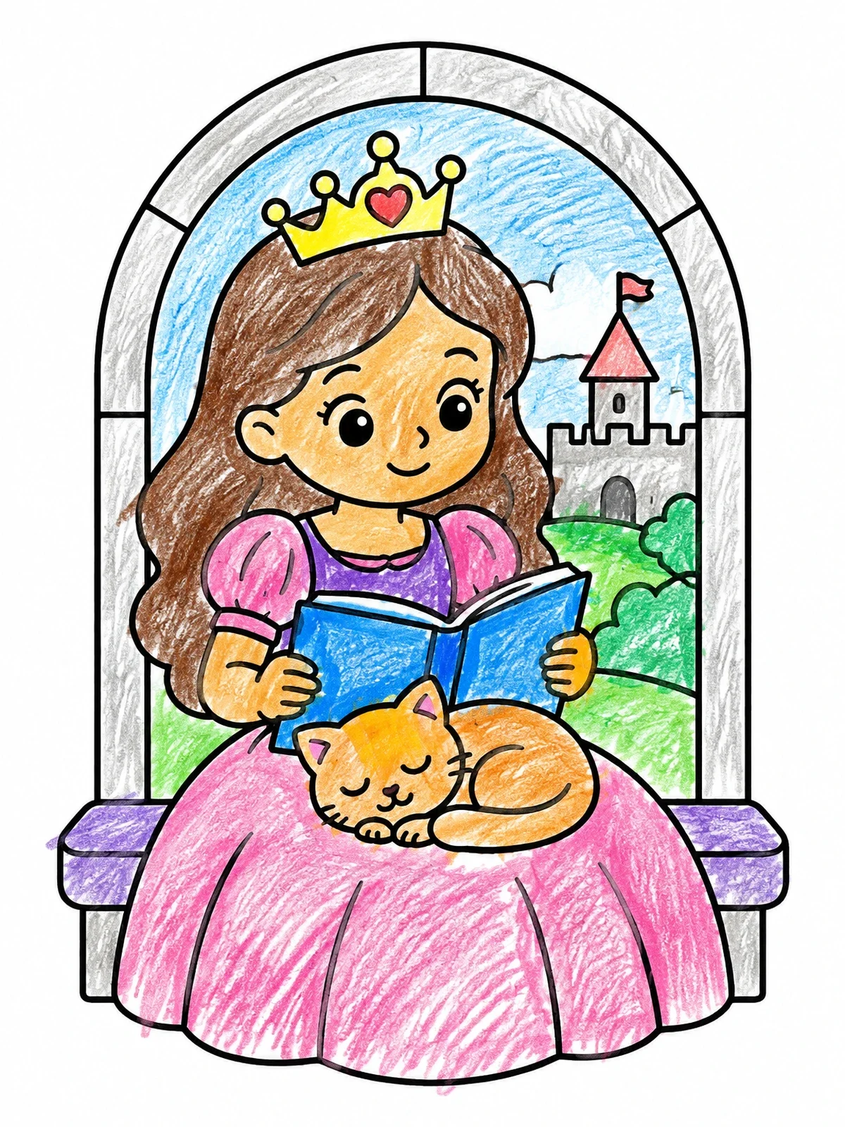 Colored example of the Princess Reading With Sleeping Cat coloring page