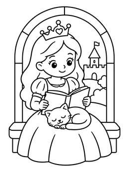 Free printable Princess Reading With Sleeping Cat coloring page