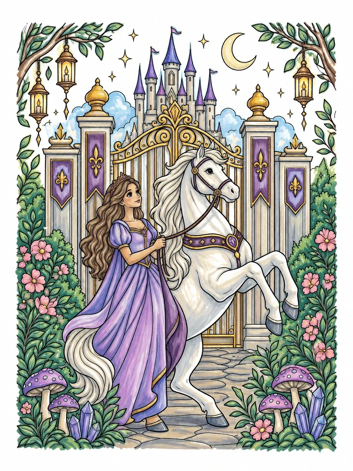 Colored example of the Princess With Rearing Horse At Castle Gates coloring page