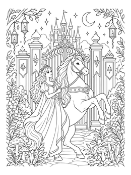 Free printable Princess With Rearing Horse At Castle Gates coloring page