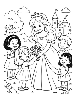 A smiling storybook princess coloring page with children offering a lovely bouquet of flowers.