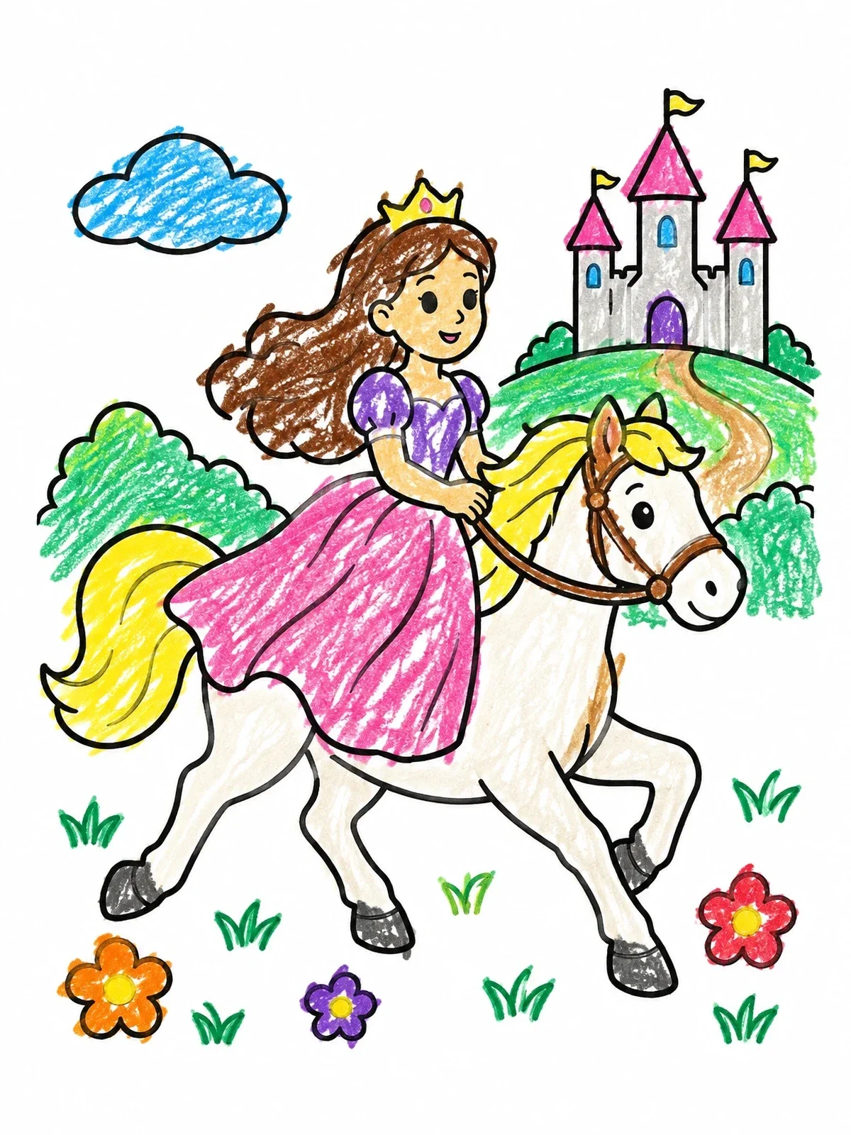 Colored example of the Princess Riding Horse Near Castle coloring page