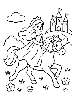 Free printable Princess Riding Horse Near Castle coloring page