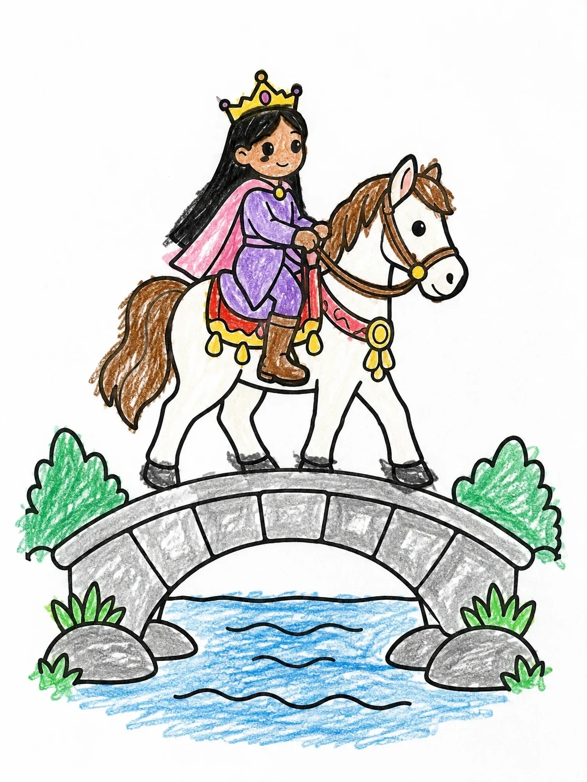 Colored example of the Princess Riding Horse Over Bridge coloring page