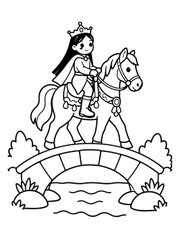 Free printable Princess Riding Horse Over Bridge coloring page