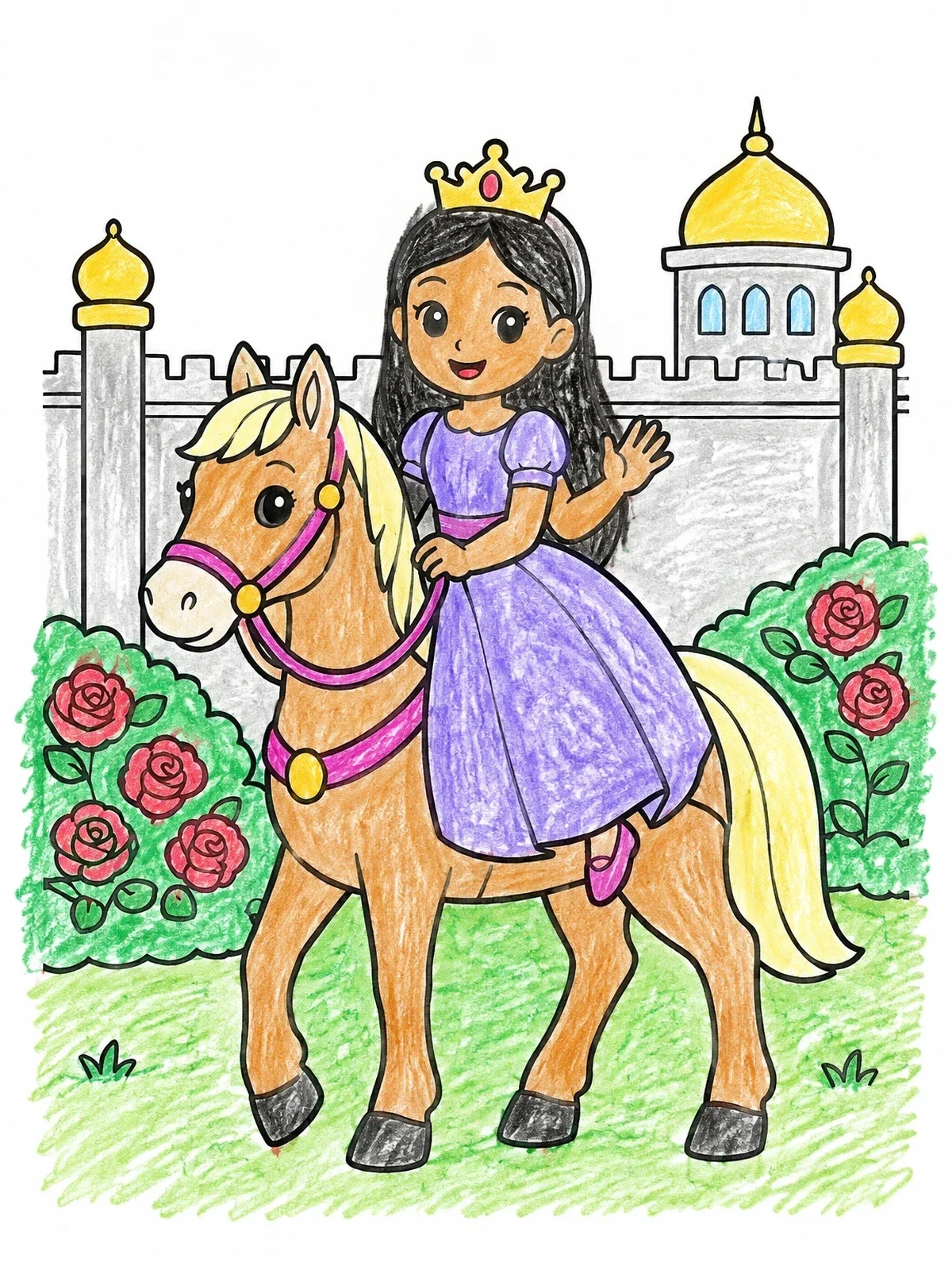 Colored example of the Princess Riding A Horse By The Castle coloring page
