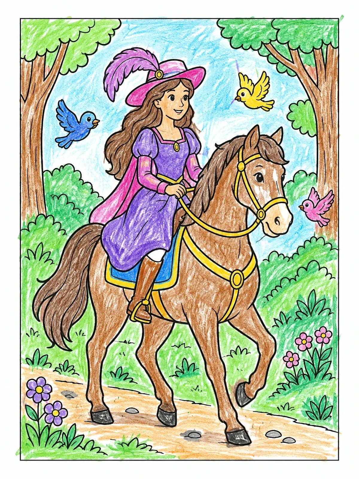 Colored example of the Princess Riding Horse Through Forest coloring page
