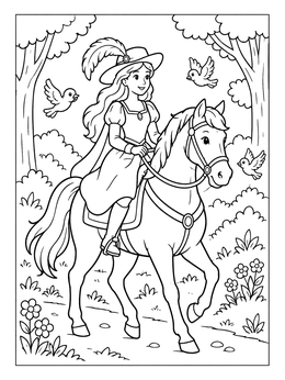Free printable Princess Riding Horse Through Forest coloring page