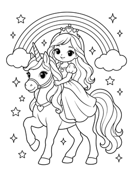 Free printable Princess Riding A Magical Unicorn coloring page