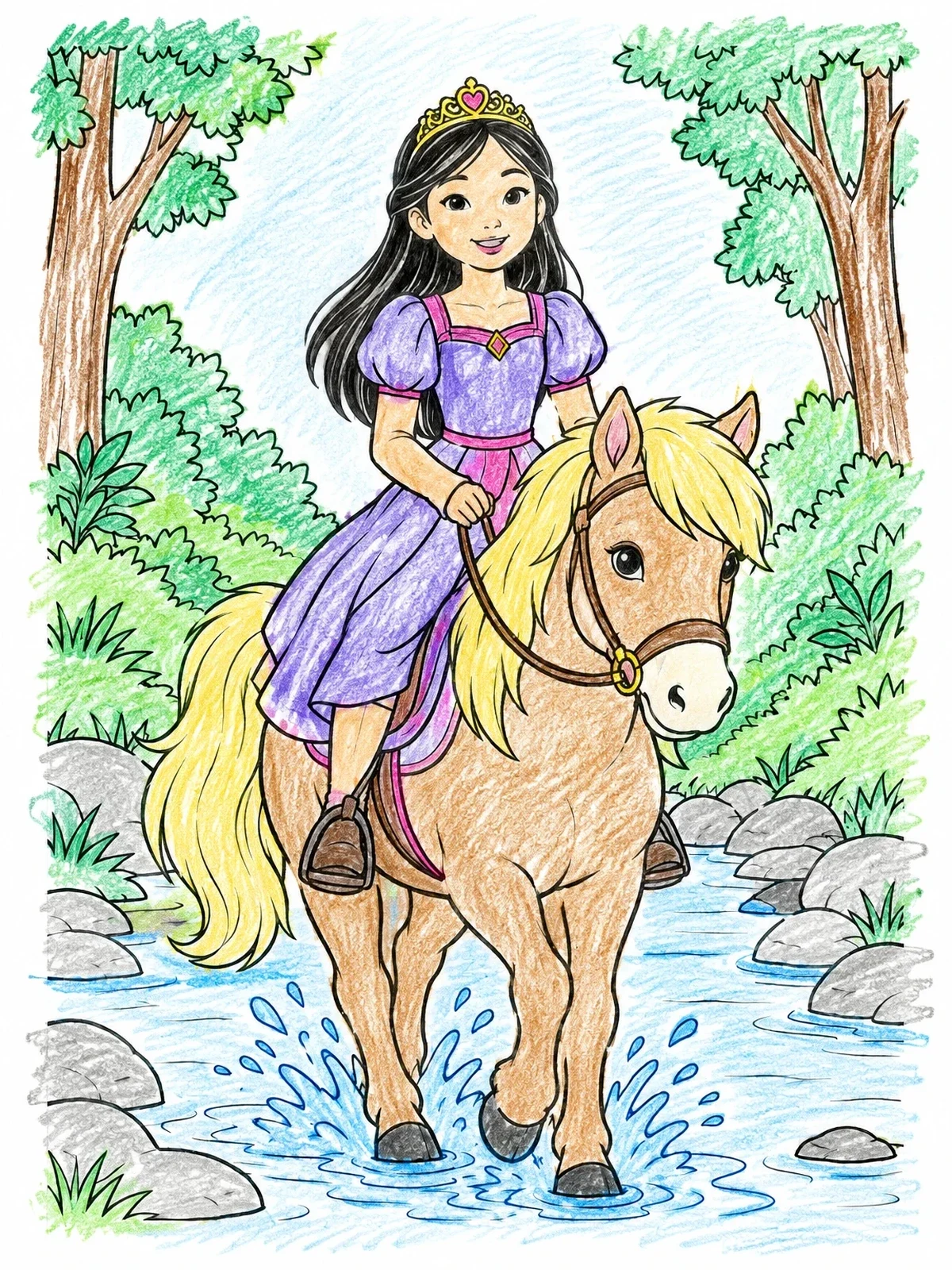 Colored example of the Princess Riding Pony Through Creek coloring page