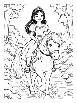 Free printable Princess Riding Pony Through Creek coloring page