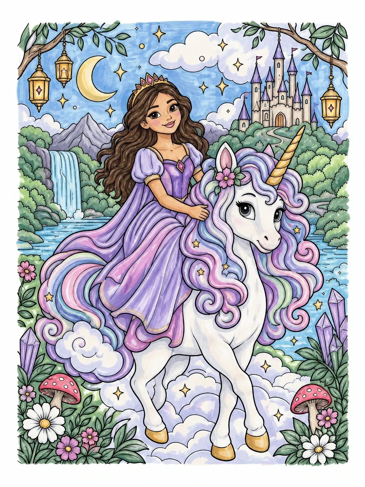 Colored example of the Princess Riding Unicorn By Castle coloring page