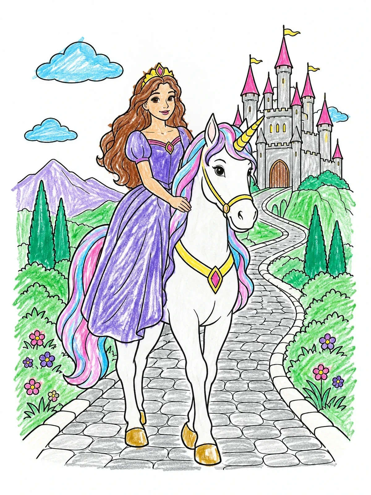 Colored example of the Princess Riding Unicorn To Castle coloring page