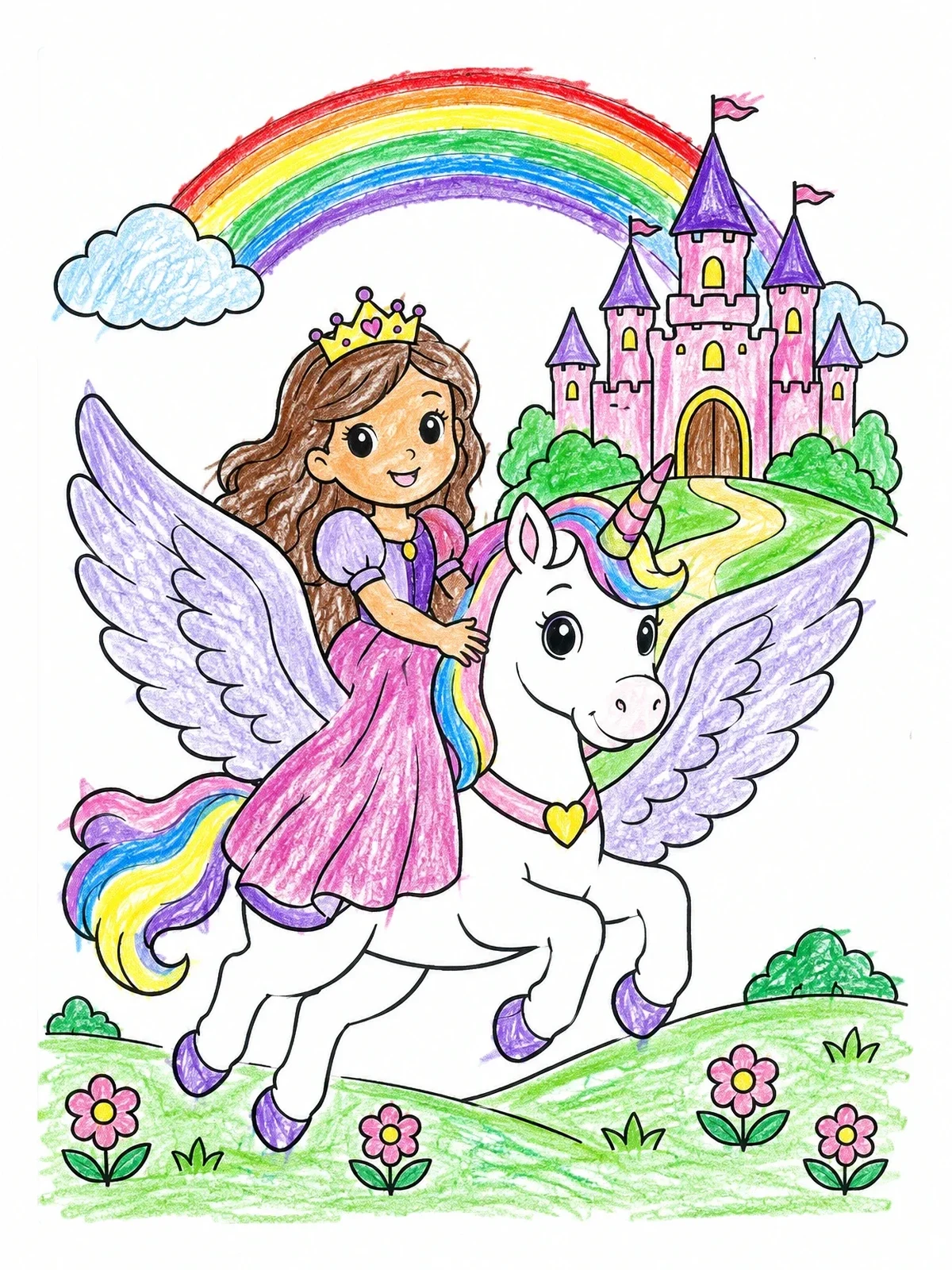 Colored example of the Princess Flying On A Winged Unicorn coloring page