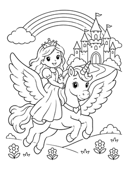 Free printable Princess Flying On A Winged Unicorn coloring page
