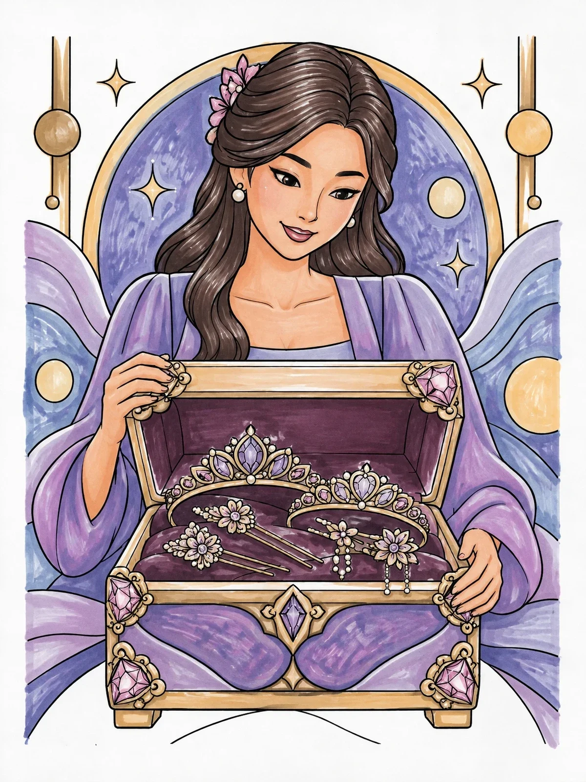 Colored example of the Princess Opening A Royal Jewelry Chest coloring page