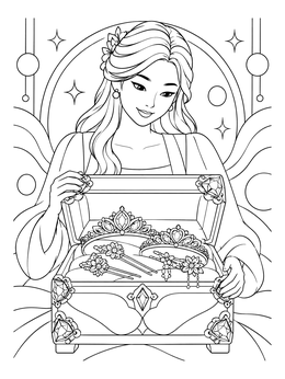 A princess admiring tiaras and hairpins inside an ornate chest on this jewelry coloring page.
