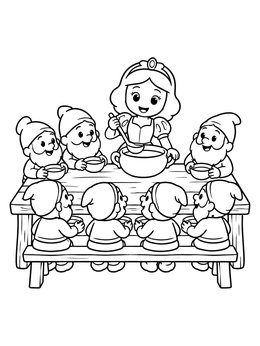 Free printable Princess Serving Soup To Seven Dwarfs coloring page
