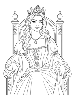A serene princess coloring page showing a royal lady crowned on an ornate wooden throne.