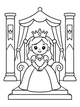 A cute princess coloring page featuring a crowned girl seated on a canopied throne.
