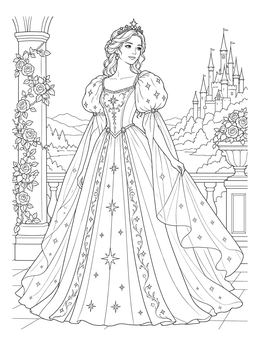 An elegant princess stands on a palace balcony in this dress coloring page with a castle view.