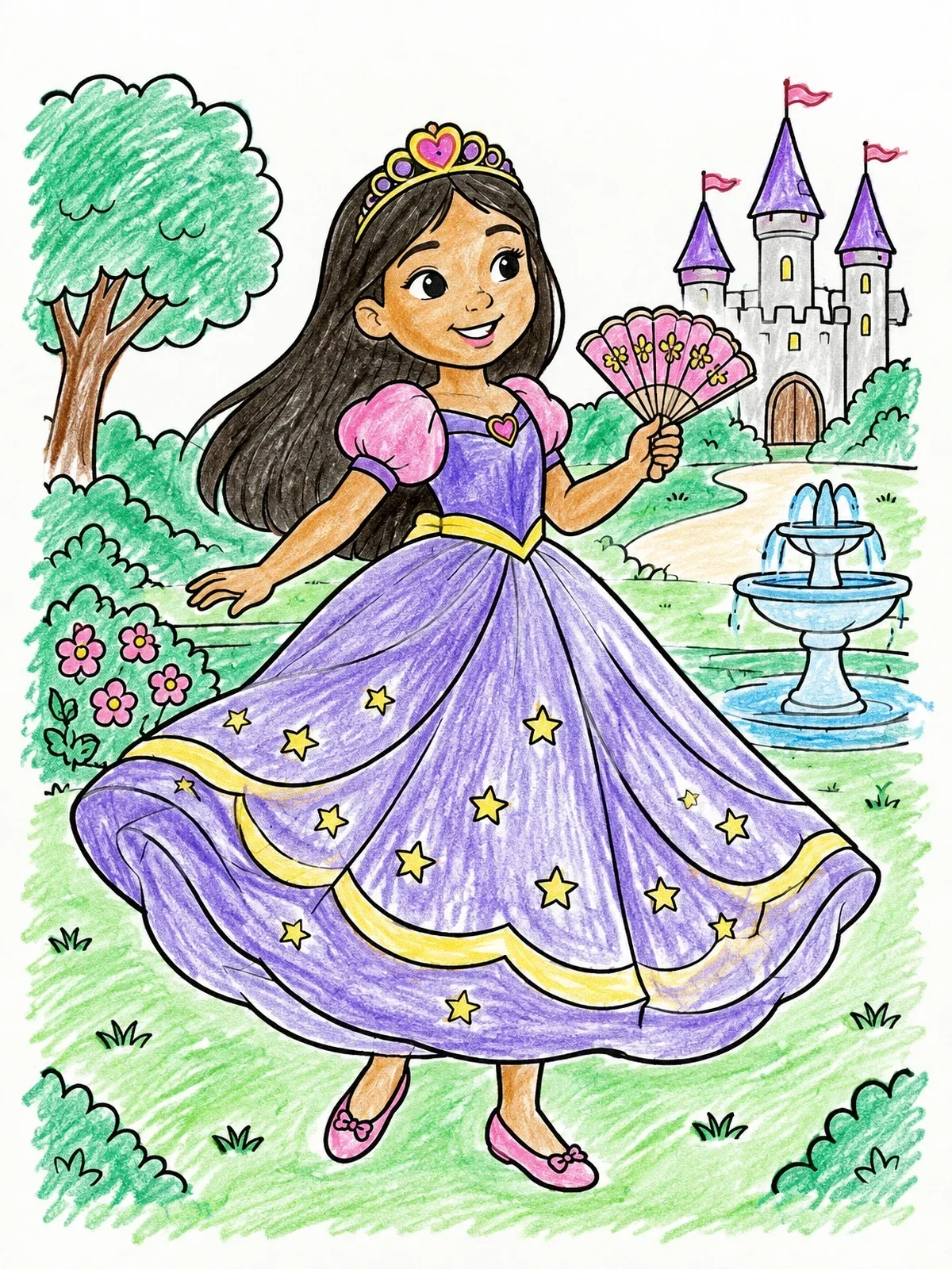 Colored example of the Princess Twirling In A Starry Ball Gown coloring page