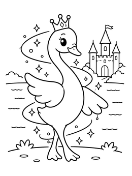 A magical crowned swan coloring page standing before a fairy tale castle lake.