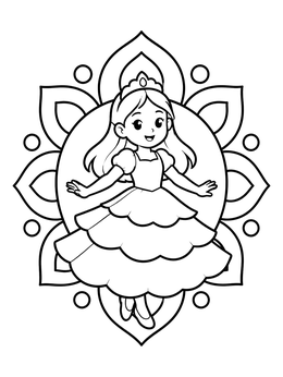 A cheerful princess coloring page featuring a girl in a layered dress inside an ornate frame.